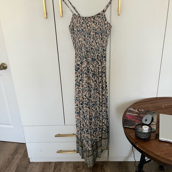 Angie Smocked sundress blue, green, white Floral, ruffle angled hem.Maxi boho S - Picture 3 of 8